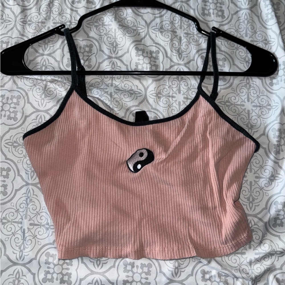 SHEIN Pink Ribbed Tank Top with Yin Yang Design